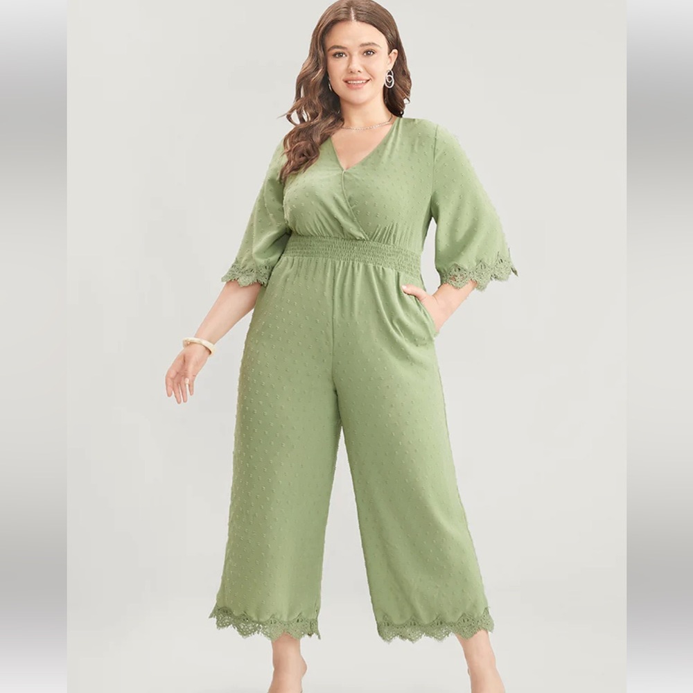 BloomChic Olive Green Textured Lace-Trim Jumpsuit